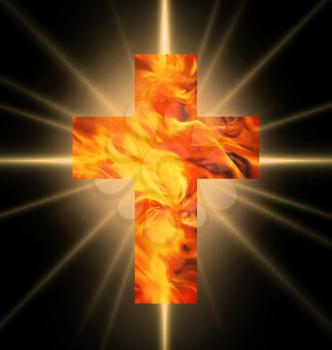 Burning Cross of red and yellow  fire against burning rays