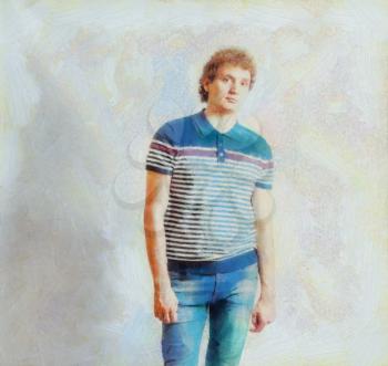 Oil painting Portrait of the young happy smiling man in jeans on a gray background