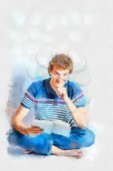 Watercolor painting Smiling young man sitting on a floor and reading a book. Modern student with curly hair. Studio shot on the gray background, vertical composition