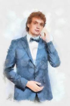Watercolor painting Evening fashion suit. Portrait of handsome man in the black suit with bow tie