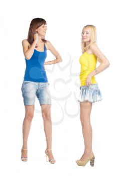 two close frends in tank top on white background studio full body shot