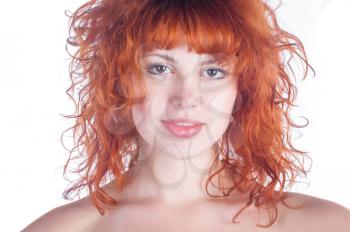 portrait of redheaded beautiful girl on white