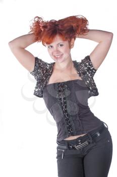 portrait beauty young redheaded girl in black over white