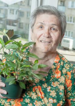 Portrait of smiling senior woman holding flower pot houseplant