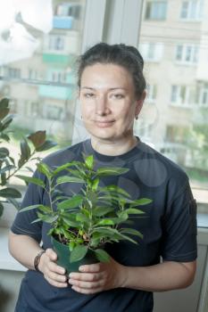 Woman At Home Looking After Houseplant Indoors