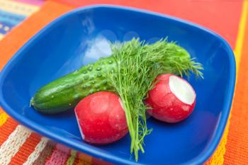 Radish, cucumber in blue bowl on red table cloth angle view