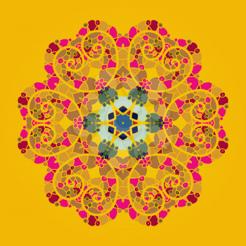 Oriental mandala motif round lase pattern on the yellow background, like snowflake or mehndi paint of orange color. Ethnic backgrounds concept. What is karma
