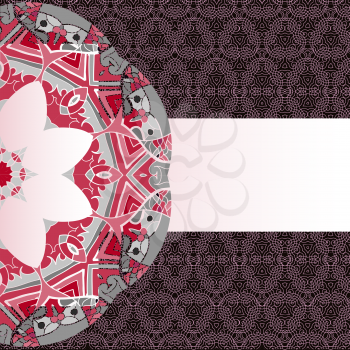 Oriental mandala motif round lase pattern on the brown background, like snowflake or mehndi paint of orange color