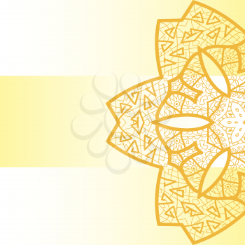 Oriental mandala motif round lase pattern on the yellow background, like snowflake or mehndi paint on yellow color background