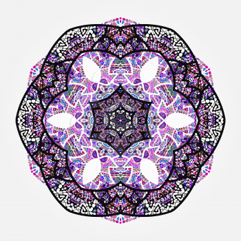 Oriental violet mandala motif round lase pattern on the gray background, like snowflake or mehndi paint