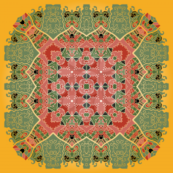 Oriental mandala motif round lase pattern on the yellow background, like snowflake or mehndi paint color background