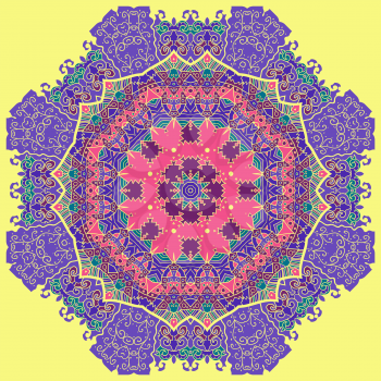 Oriental violet mandala motif round lase pattern on the yellow background, like snowflake or mehndi paint background