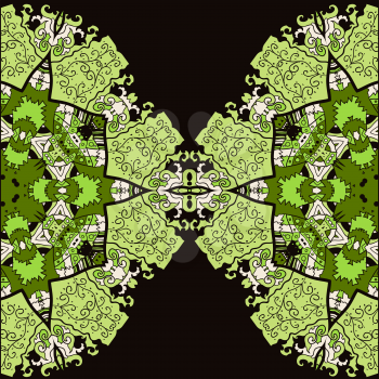 Oriental green mandala motif half round lase half pattern on the black background, like snowflake or mehndi paint colorful background