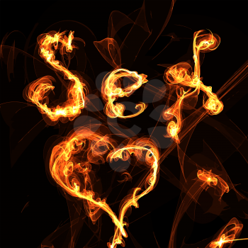 Fire Heart and sex signs on black passion concept burning desire