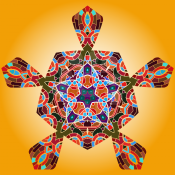 Oriental mandala motif round lase pattern on the yellow background, like snowflake or mehndi paint of orange color