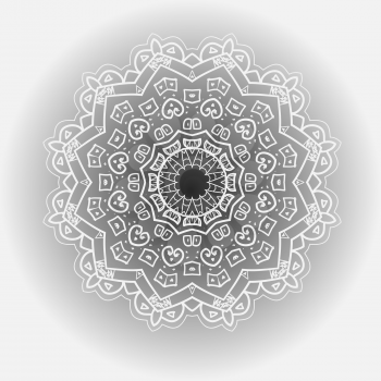 Oriental mandala motif round lase pattern of the black color, like snowflake or mehndi paint on light gray color. Karma mantras and yoga