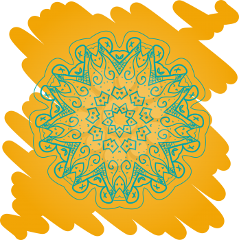 Oriental mandala motif round lase pattern on the yellow background, like snowflake or mehndi paint bright color. Ethnic backgrounds concept