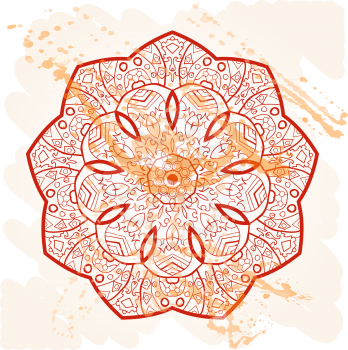 Oriental mandala motif round lase pattern on the yellow background, like snowflake or mehndi paint of orange color. Ethnic backgrounds concept