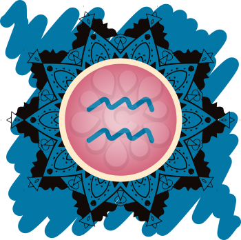zodiac sign Water Bearer (Aquarius). Vector with zodiac sign on mandala motif pattern.