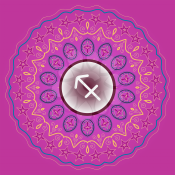 zodiac sign The Archer (Sagittarius) zodiac sign on ornate oriental mandala pink violet pattern