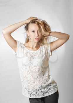 blond women with long hair studio shot on white background