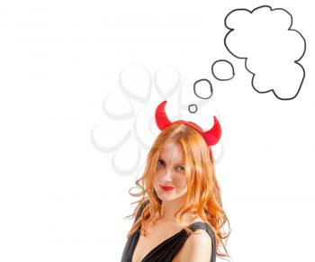 Dreaming Devil. redhead girl with red  horns looks like pretty Devil