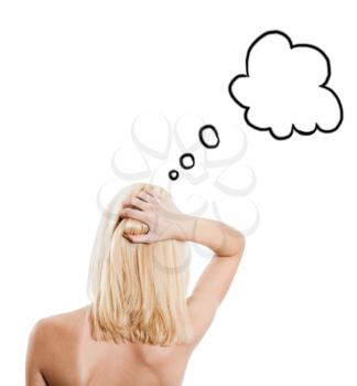 backside of the blonde female with speech bubble