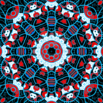 Ornamental round seamless pattern with many details in red and blue