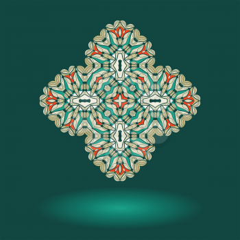 Oriental ornamental design. Tribal indian motif. Mandala flower on green background with shadow in the bottom and copyspace. Vintage design elements.