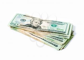 Stack of money american twenty dollar bills over white