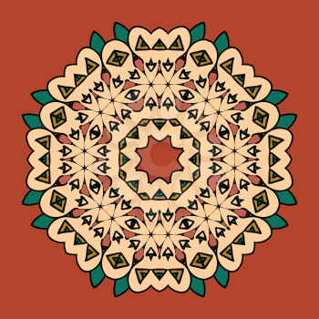 What is karma. Stylized oriental mandala motif round lase pattern on the yellow background, like snowflake or mehndi paint of orange color. Ethnic backgrounds concept
