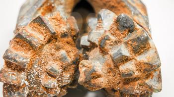 Closeup of the rusty drilling head, mining drill head closeup