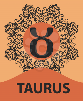 Taurus Bull zodiac astrology icon for horoscope vector illustration on ornamental round lace pattern. Abstract vector tribal ethnic yoga yantra background. 