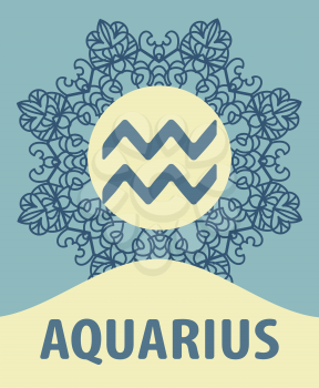 Hand-drawn zodiac Aquarius with ethnic floral geometric doodle pattern. Western Horoscope Symbol. Vector illustration. The Water Bearer. Zodiac icon with mandala print. Vector icon.
