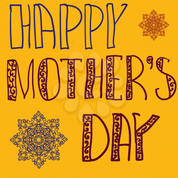 Happy Mothers Day Cover. Handlettering Background With Hand Drawn Lace For Mother s Day in yellow  color. Oriental mandala flowers as decoration.