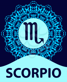 Scorpio. The Scorpion. Zodiac icon with mandala print Vector illustration.