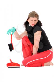 The dissatisfied woman makes cleaning isolated on white background
