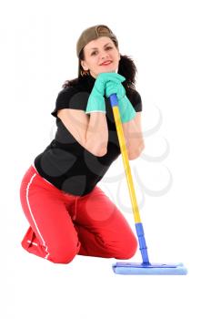 the woman with a mop isolated on white background