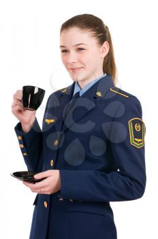 girl in the uniform of the railway with a cup isolated on white background
