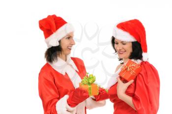 Royalty Free Photo of Two Women in Santa Clause Outfits