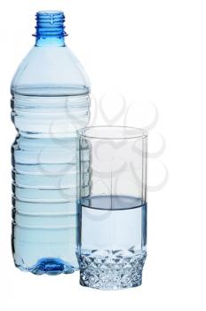 Water in a plastic bottle and a glass isolated on white background