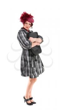 The woman with a bag in a ladies' hat isolated on white background