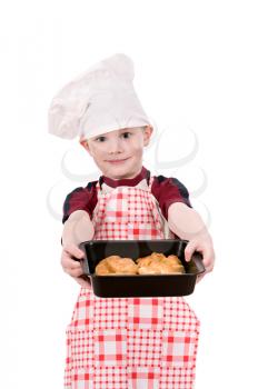 boy chef with baking isolated on white background