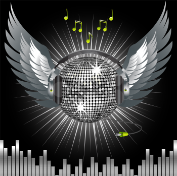 Royalty Free Clipart Image of a Silver Disco Ball With Headphones and Wings