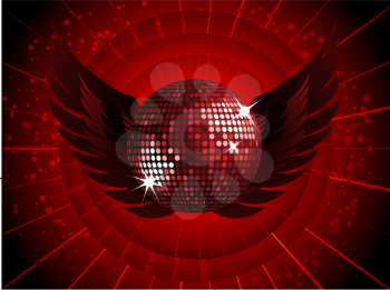 Royalty Free Clipart Image of a Sparkling Red Disco Ball With Wings