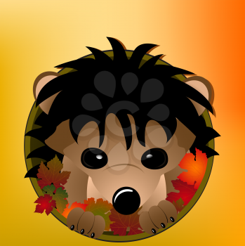 Royalty Free Clipart Image of a Hedgehog Peeking Out From a Hole of Leaves