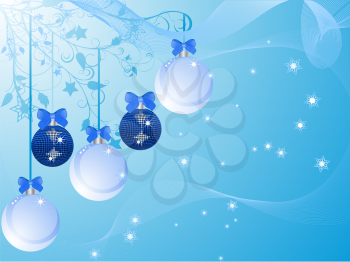 Royalty Free Clipart Image of Christmas Ornaments on a Floral Background With Snowflakes