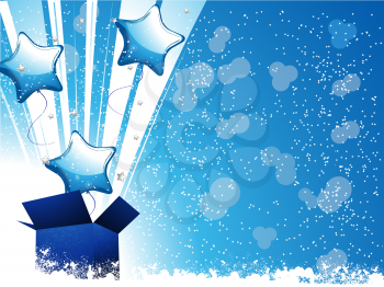 Royalty Free Clipart Image of a Festive Background With Balloons Bursting Out of a Box