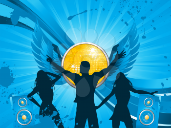 Royalty Free Clipart Image of a Silhouette People Dancing in Front of Winged Disco Ball