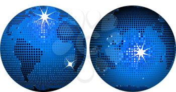 Royalty Free Clipart Image of Two Blue Sparkling World Globes 